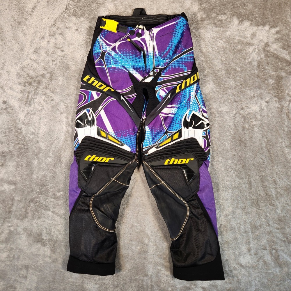 Thor Core Motocross Racing Pants Kids Size 22 Purple Blue Excellent Leather Knee